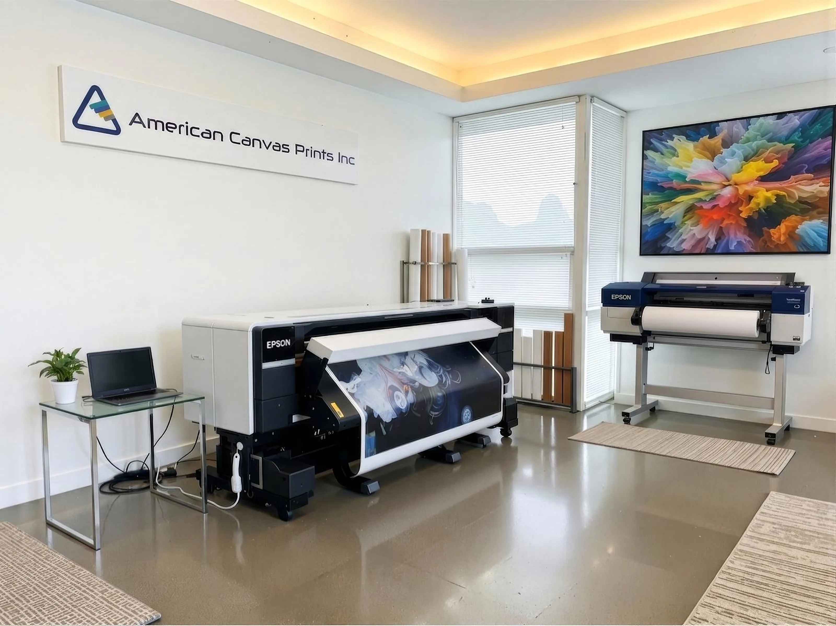 American Canvas Prints print room in Fullerton with Epson large-format canvas printers, including the SureColor S9170, and a framed abstract canvas on the wall